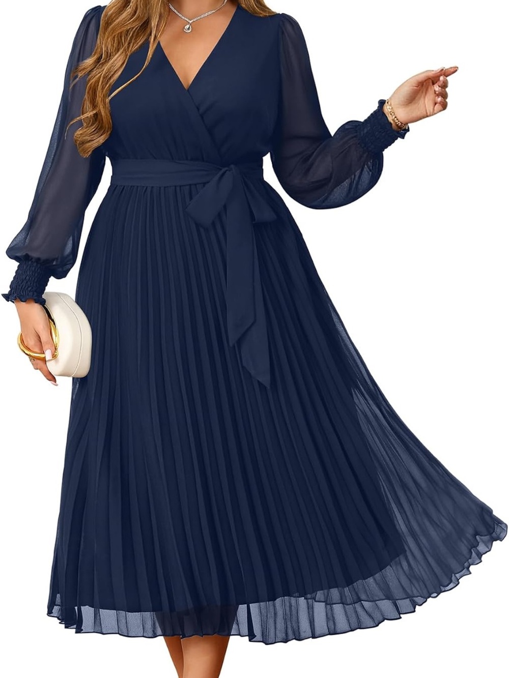 Navy Pleated Long Sleeve Wrap Midi Dress